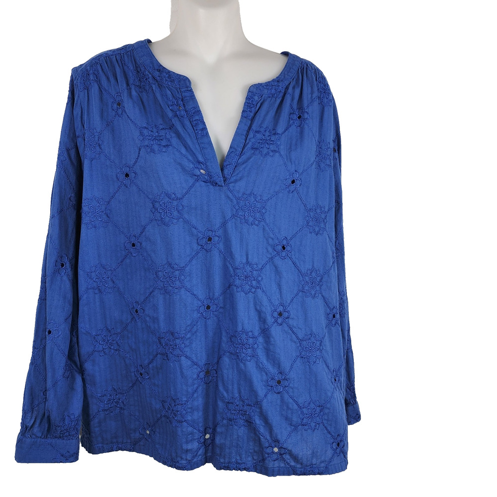 Ann Taylor Loft Womens Blue Embroidered Eyelet Long Sleeve Top Medium V Neck
